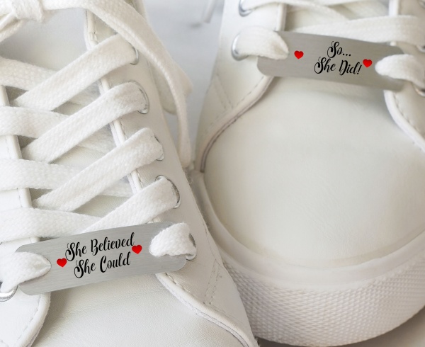 She Believed She Could.. So She Did! Metal Brushed Steel Running Trainer Tags